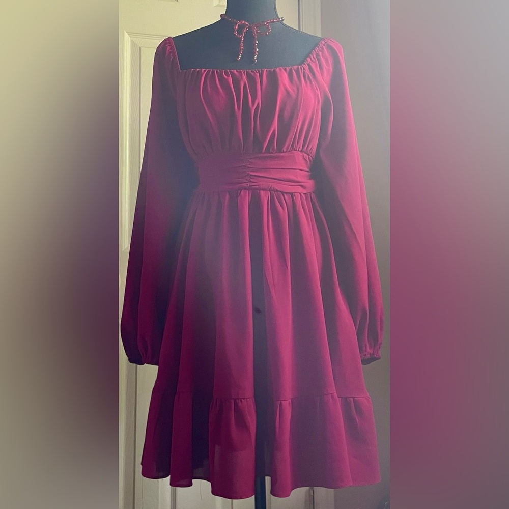 Women's Long Sleeve Burgundy flowing midi Dress